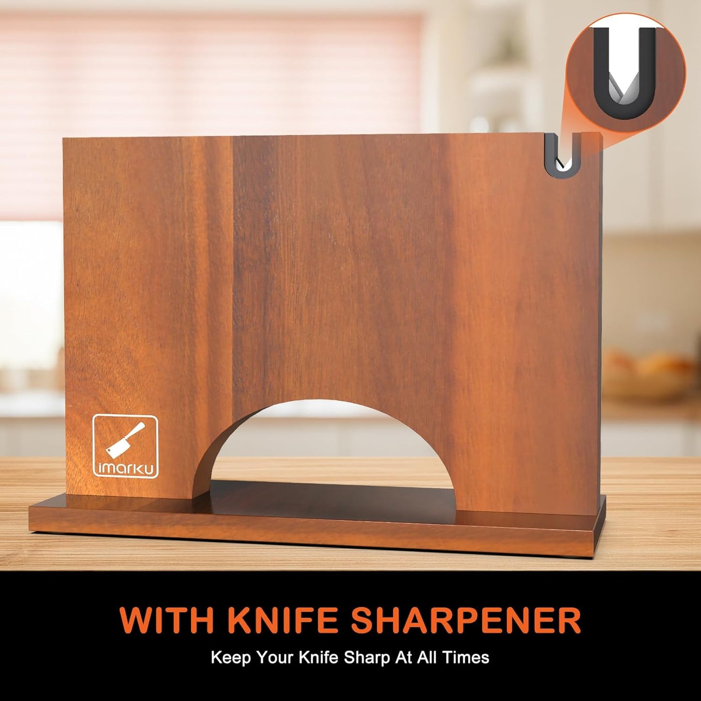 Magnetic Knife Block with Built-in Handle, Double Sided Acacia Wood Magnetic Knife Holder for Kitchen Counter, Magnetic Knife Storage Stand with Knife Sharpener, Easy to Clean & Move