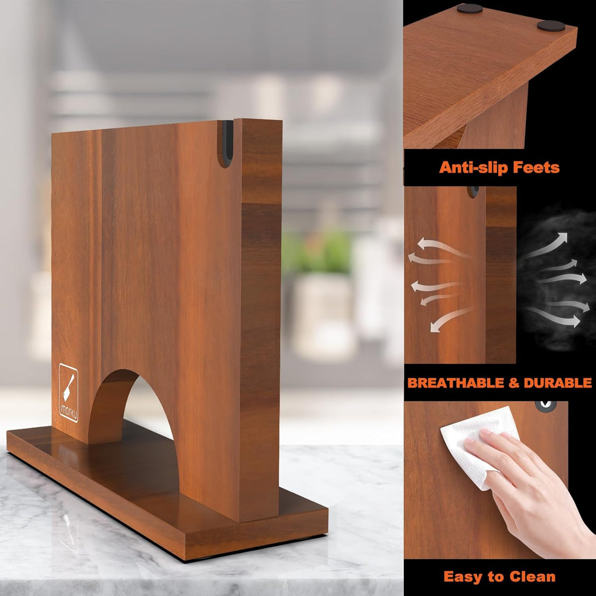 Magnetic Knife Block with Built-in Handle, Double Sided Acacia Wood Magnetic Knife Holder for Kitchen Counter, Magnetic Knife Storage Stand with Knife Sharpener, Easy to Clean & Move