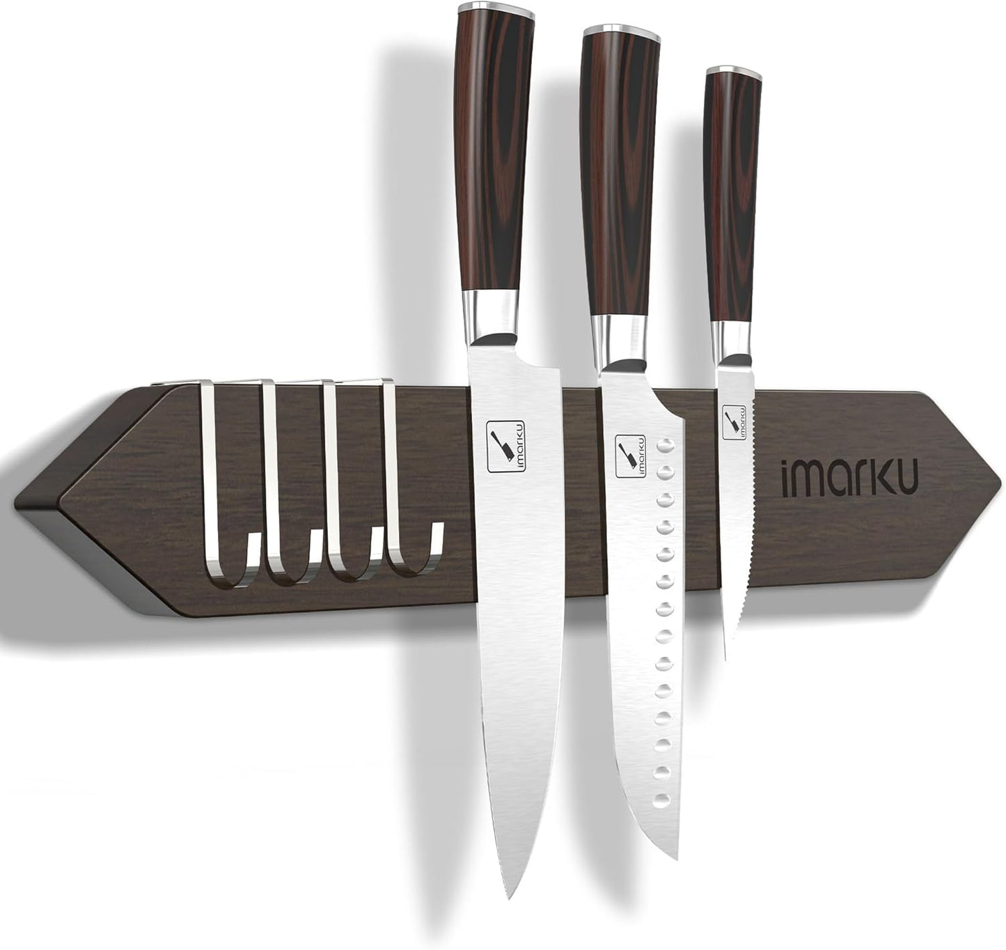 Magnetic Knife Block with Built-in Handle, Double Sided Acacia Wood Magnetic Knife Holder for Kitchen Counter, Magnetic Knife Storage Stand with Knife Sharpener, Easy to Clean & Move