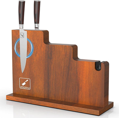 Magnetic Knife Block with Built-in Handle, Double Sided Acacia Wood Magnetic Knife Holder for Kitchen Counter, Magnetic Knife Storage Stand with Knife Sharpener, Easy to Clean & Move