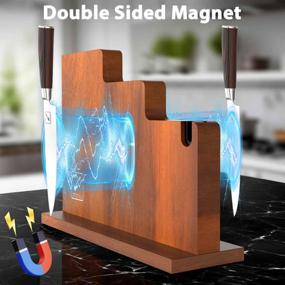 Magnetic Knife Block with Built-in Handle, Double Sided Acacia Wood Magnetic Knife Holder for Kitchen Counter, Magnetic Knife Storage Stand with Knife Sharpener, Easy to Clean & Move
