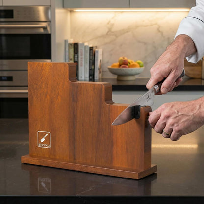 Magnetic Knife Block with Built-in Handle, Double Sided Acacia Wood Magnetic Knife Holder for Kitchen Counter, Magnetic Knife Storage Stand with Knife Sharpener, Easy to Clean & Move