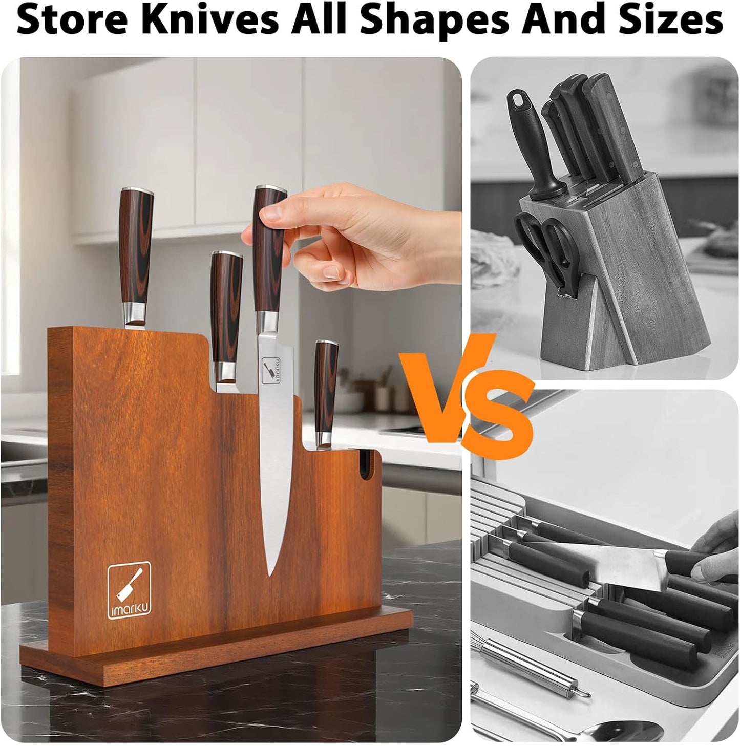 Magnetic Knife Block with Built-in Handle, Double Sided Acacia Wood Magnetic Knife Holder for Kitchen Counter, Magnetic Knife Storage Stand with Knife Sharpener, Easy to Clean & Move