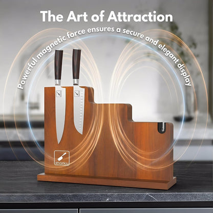 Magnetic Knife Block with Built-in Handle, Double Sided Acacia Wood Magnetic Knife Holder for Kitchen Counter, Magnetic Knife Storage Stand with Knife Sharpener, Easy to Clean & Move