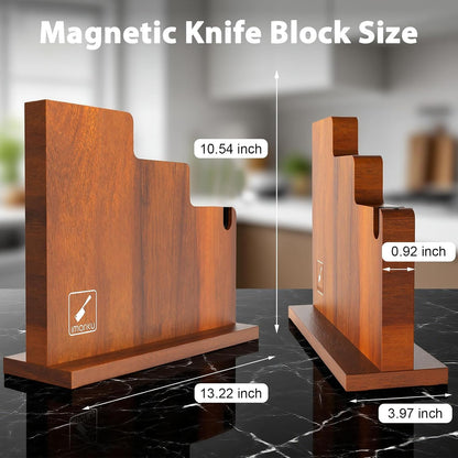 Magnetic Knife Block with Built-in Handle, Double Sided Acacia Wood Magnetic Knife Holder for Kitchen Counter, Magnetic Knife Storage Stand with Knife Sharpener, Easy to Clean & Move