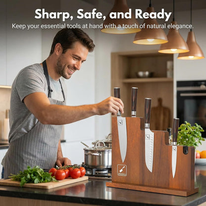 Magnetic Knife Block with Built-in Handle, Double Sided Acacia Wood Magnetic Knife Holder for Kitchen Counter, Magnetic Knife Storage Stand with Knife Sharpener, Easy to Clean & Move