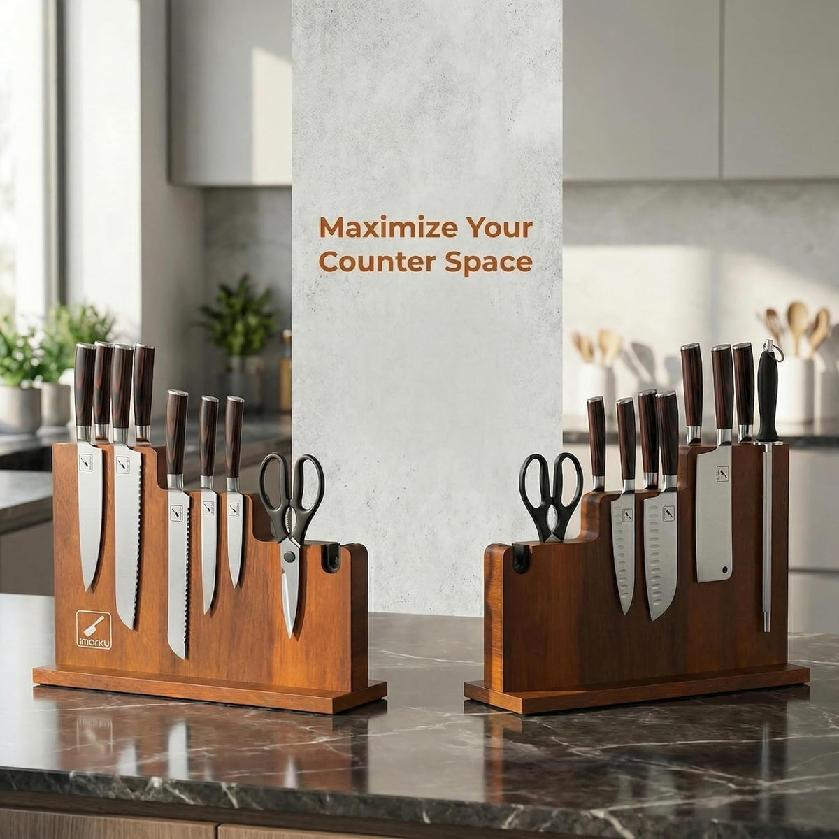 Magnetic Knife Block with Built-in Handle, Double Sided Acacia Wood Magnetic Knife Holder for Kitchen Counter, Magnetic Knife Storage Stand with Knife Sharpener, Easy to Clean & Move