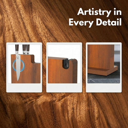 Magnetic Knife Block with Built-in Handle, Double Sided Acacia Wood Magnetic Knife Holder for Kitchen Counter, Magnetic Knife Storage Stand with Knife Sharpener, Easy to Clean & Move