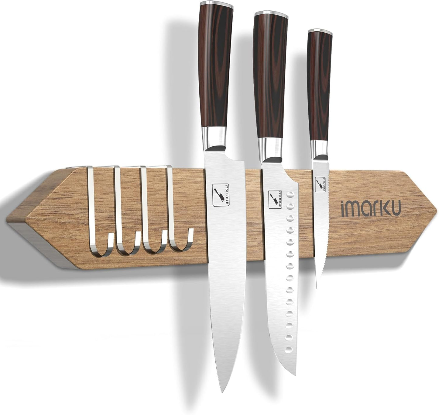 Magnetic Knife Block with Built-in Handle, Double Sided Acacia Wood Magnetic Knife Holder for Kitchen Counter, Magnetic Knife Storage Stand with Knife Sharpener, Easy to Clean & Move