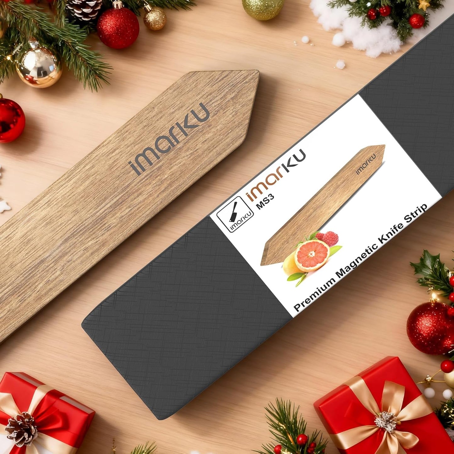 Magnetic Knife Block with Built-in Handle, Double Sided Acacia Wood Magnetic Knife Holder for Kitchen Counter, Magnetic Knife Storage Stand with Knife Sharpener, Easy to Clean & Move