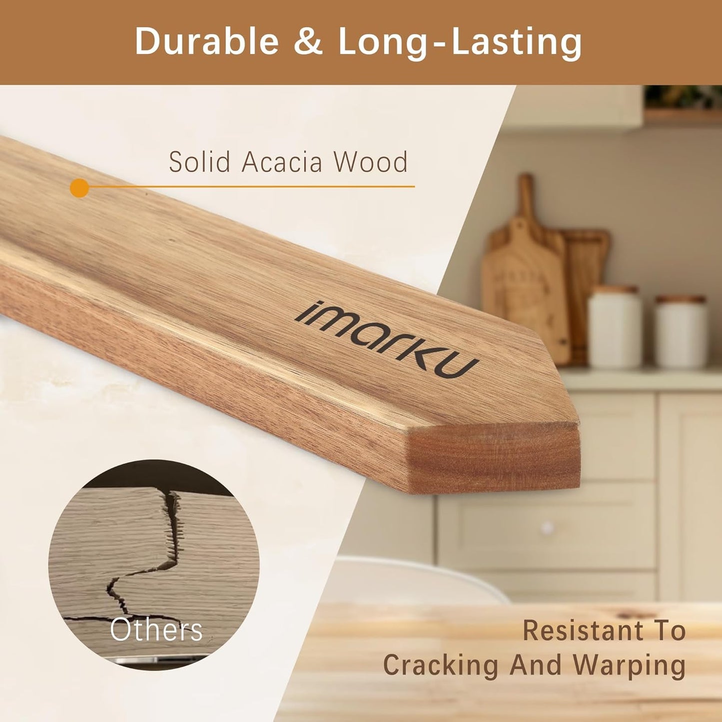 Magnetic Knife Block with Built-in Handle, Double Sided Acacia Wood Magnetic Knife Holder for Kitchen Counter, Magnetic Knife Storage Stand with Knife Sharpener, Easy to Clean & Move