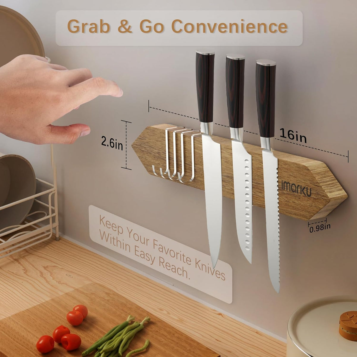 Magnetic Knife Block with Built-in Handle, Double Sided Acacia Wood Magnetic Knife Holder for Kitchen Counter, Magnetic Knife Storage Stand with Knife Sharpener, Easy to Clean & Move