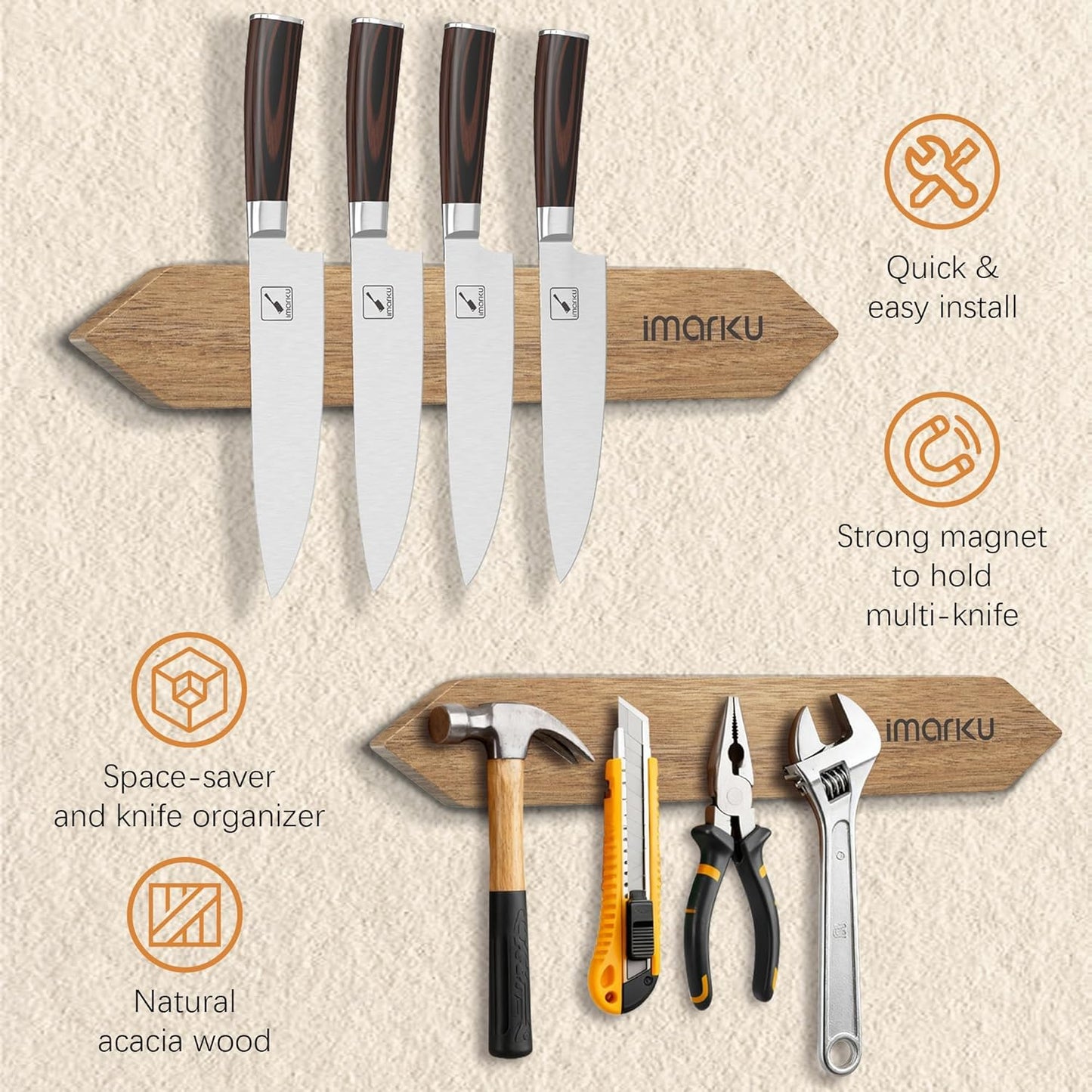 Magnetic Knife Block with Built-in Handle, Double Sided Acacia Wood Magnetic Knife Holder for Kitchen Counter, Magnetic Knife Storage Stand with Knife Sharpener, Easy to Clean & Move