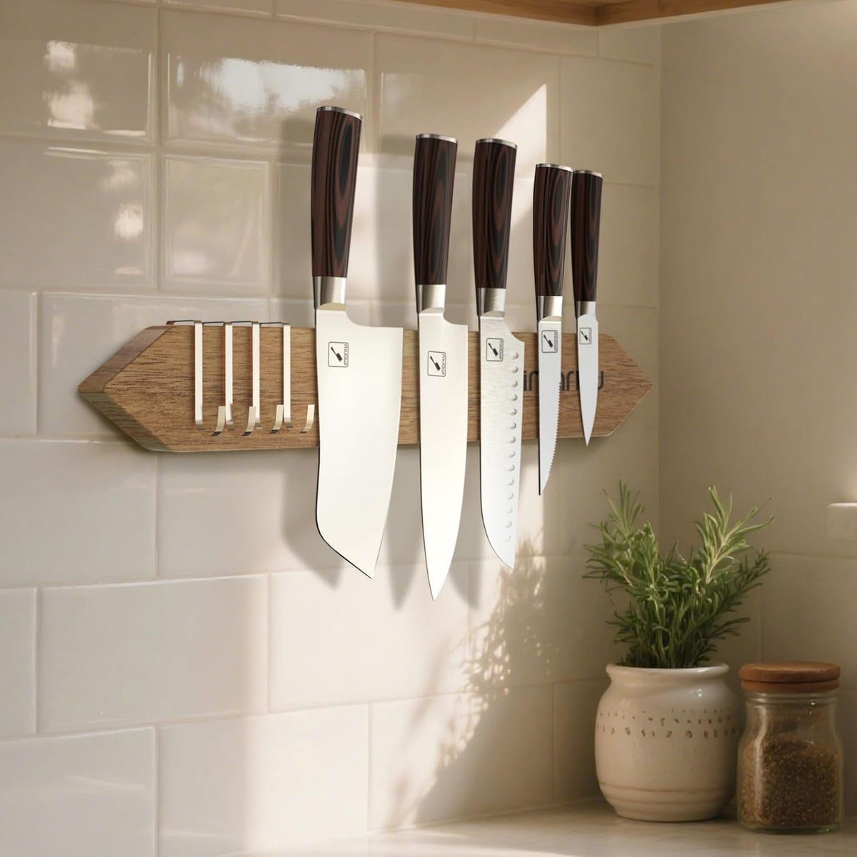 Magnetic Knife Block with Built-in Handle, Double Sided Acacia Wood Magnetic Knife Holder for Kitchen Counter, Magnetic Knife Storage Stand with Knife Sharpener, Easy to Clean & Move