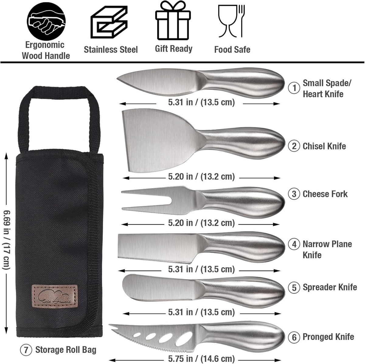 6-Piece Cheese Knife Set, Premium Stainless Steel Cheese Knives for Charcuterie Board for Cutting Hard Medium Soft Cheese, Mini Metal Cheese Cutter Knife Butter Knife with Storage Bag Gift Set