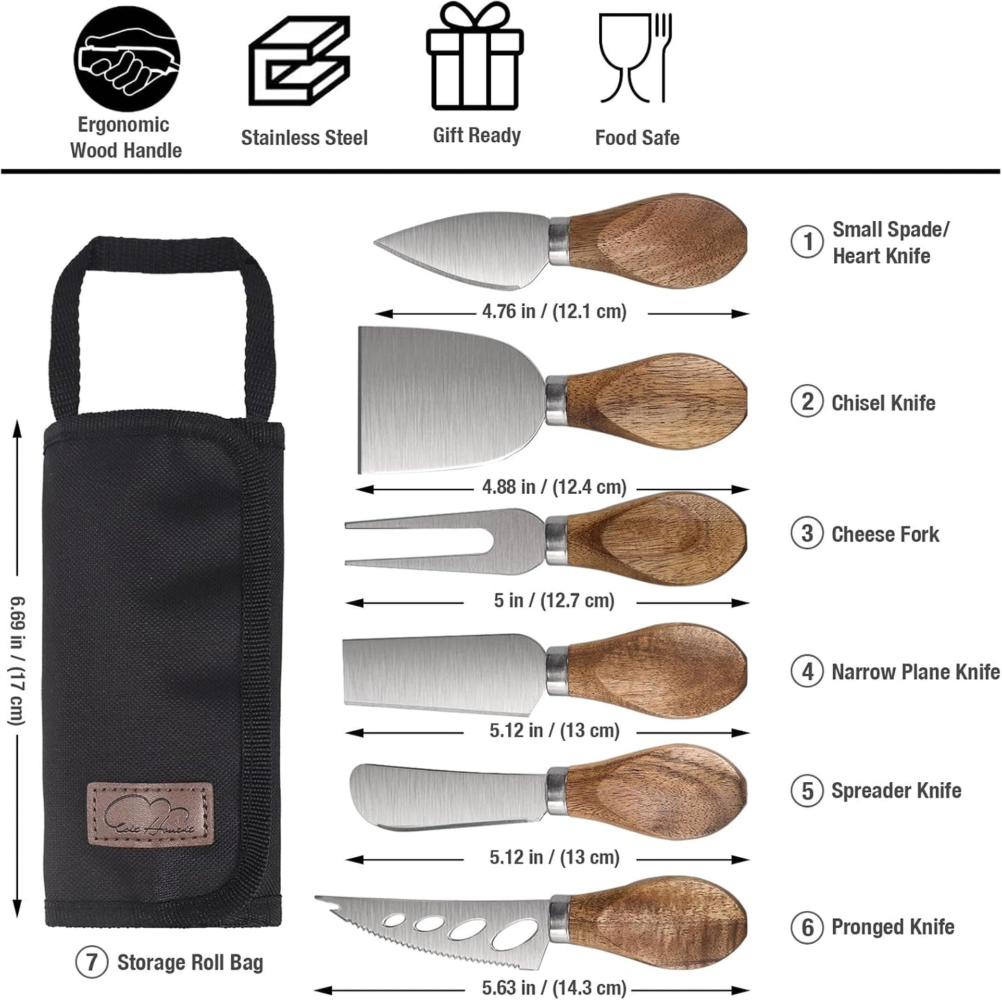 6-Piece Cheese Knife Set, Premium Stainless Steel Cheese Knives for Charcuterie Board for Cutting Hard Medium Soft Cheese, Mini Metal Cheese Cutter Knife Butter Knife with Storage Bag Gift Set