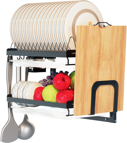 Dish Drying Rack, Over The Wall Mounted Dish Drying Rack, Stainless Steel Dish Rack, Large Storage Drying Rack for Kitchen, Dish Drainer with Utensil Holder-2 Tier