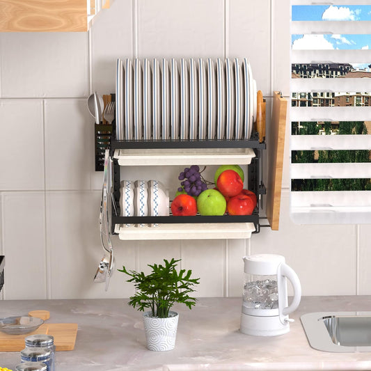 Dish Drying Rack, Over The Wall Mounted Dish Drying Rack, Stainless Steel Dish Rack, Large Storage Drying Rack for Kitchen, Dish Drainer with Utensil Holder-2 Tier