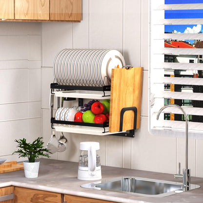 Dish Drying Rack, Over The Wall Mounted Dish Drying Rack, Stainless Steel Dish Rack, Large Storage Drying Rack for Kitchen, Dish Drainer with Utensil Holder-2 Tier
