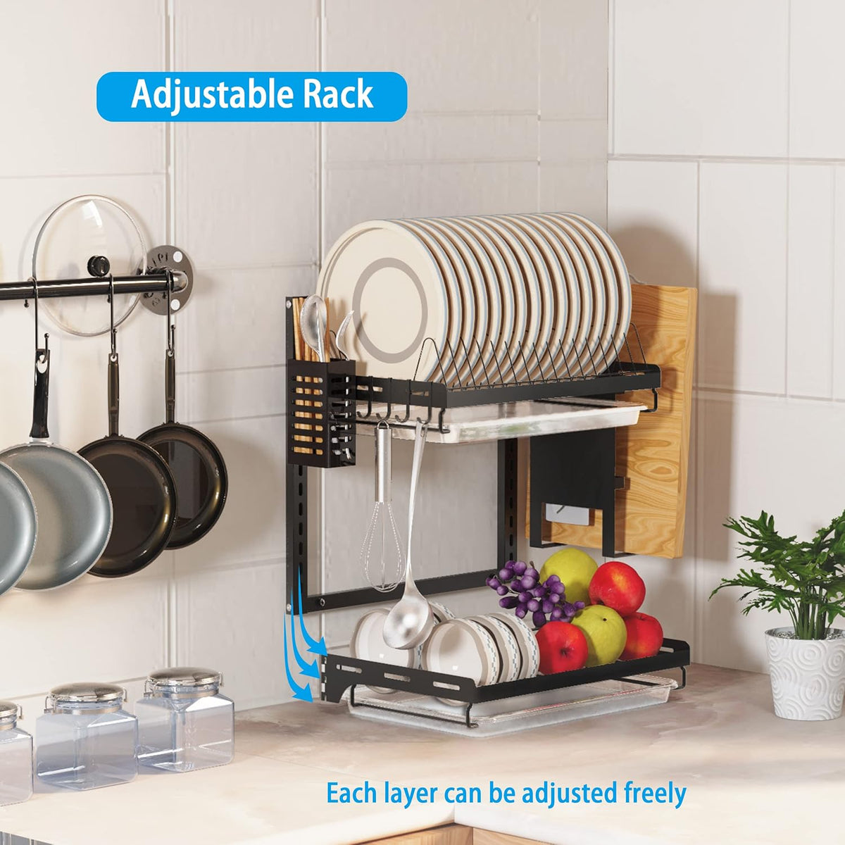 Dish Drying Rack, Over The Wall Mounted Dish Drying Rack, Stainless Steel Dish Rack, Large Storage Drying Rack for Kitchen, Dish Drainer with Utensil Holder-2 Tier