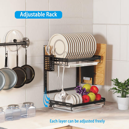 Dish Drying Rack, Over The Wall Mounted Dish Drying Rack, Stainless Steel Dish Rack, Large Storage Drying Rack for Kitchen, Dish Drainer with Utensil Holder-2 Tier