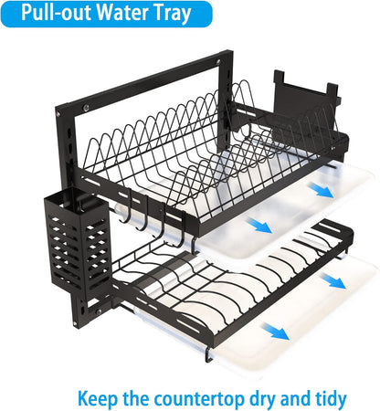 Dish Drying Rack, Over The Wall Mounted Dish Drying Rack, Stainless Steel Dish Rack, Large Storage Drying Rack for Kitchen, Dish Drainer with Utensil Holder-2 Tier