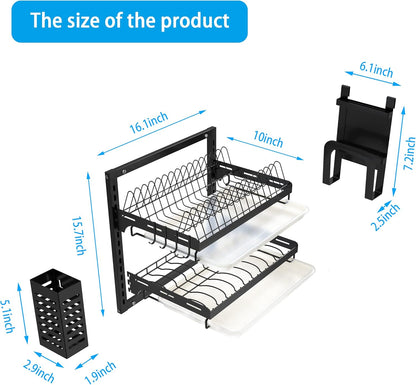 Dish Drying Rack, Over The Wall Mounted Dish Drying Rack, Stainless Steel Dish Rack, Large Storage Drying Rack for Kitchen, Dish Drainer with Utensil Holder-2 Tier
