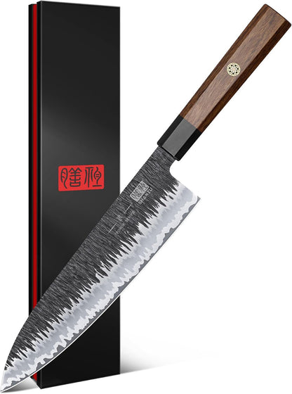 8 Inch Japanese Chef Knife, Hand Forged Gyuto Knife 9 Layers High Carbon 10CR15MOV Steel Kitchen Knife Ultra Sharp & Durable Professional Japanese Sashimi Knife with Ergonomic Rosewood Handle