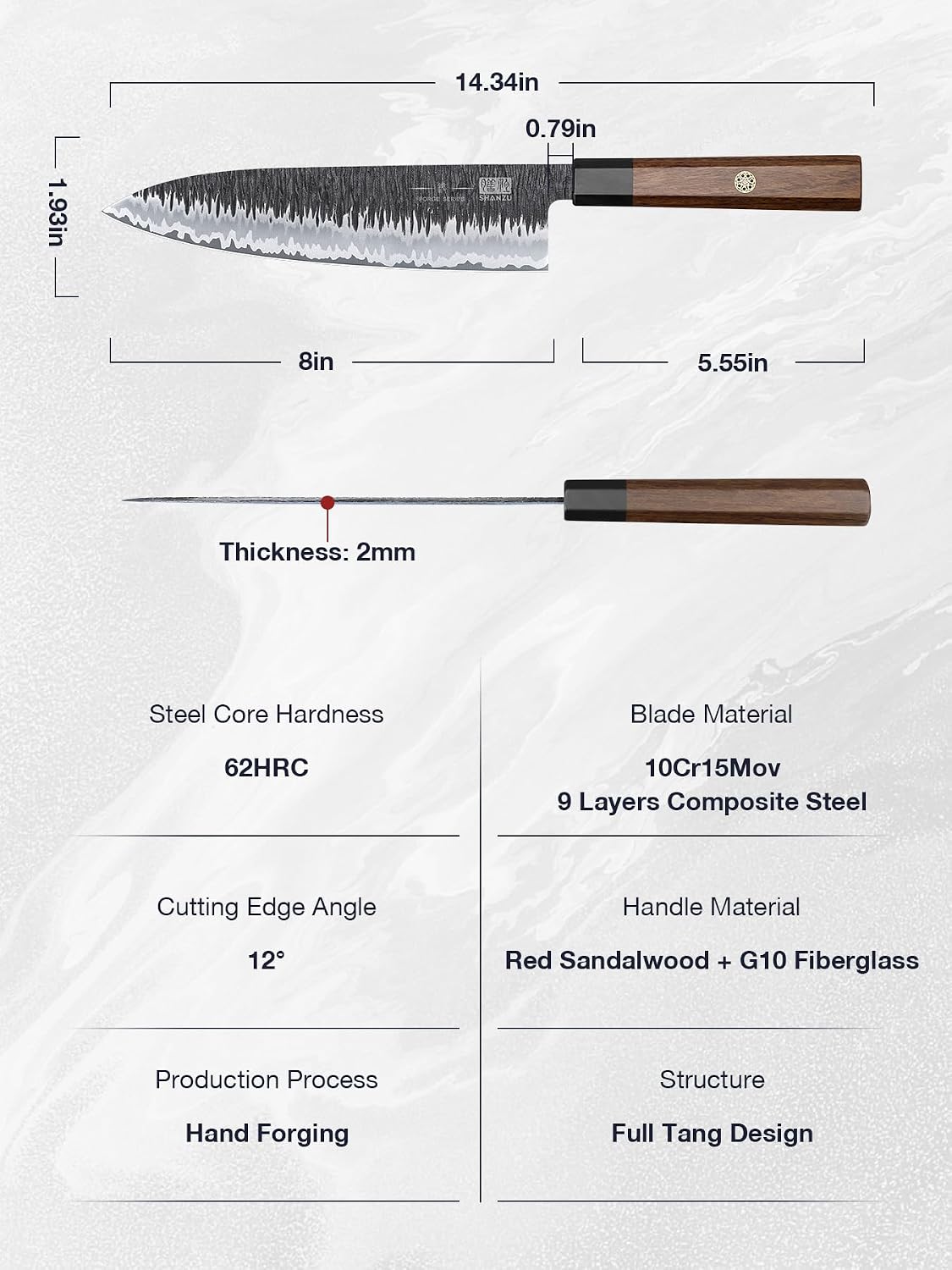 8 Inch Japanese Chef Knife, Hand Forged Gyuto Knife 9 Layers High Carbon 10CR15MOV Steel Kitchen Knife Ultra Sharp & Durable Professional Japanese Sashimi Knife with Ergonomic Rosewood Handle