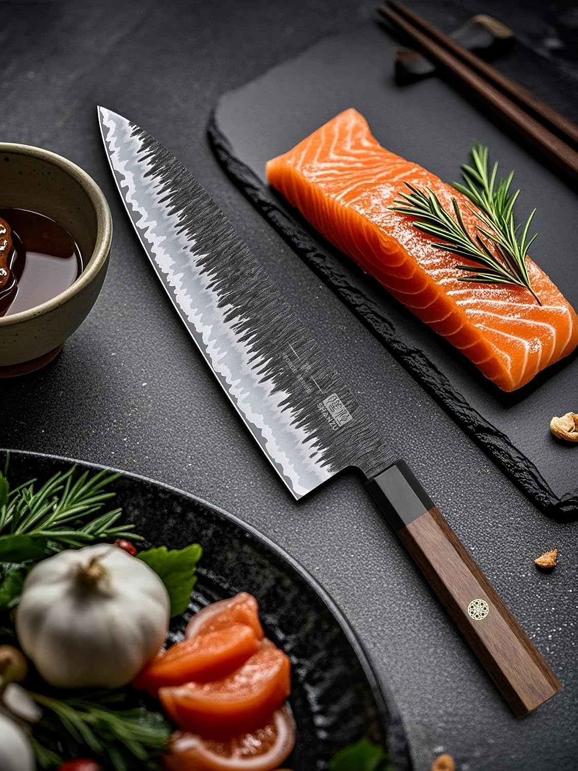 8 Inch Japanese Chef Knife, Hand Forged Gyuto Knife 9 Layers High Carbon 10CR15MOV Steel Kitchen Knife Ultra Sharp & Durable Professional Japanese Sashimi Knife with Ergonomic Rosewood Handle