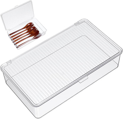 Clear Plastic Storage Bin with Lid, Small Silverware Organizer with Cover, Transparent Kitchen Utensil Drawer Tray for RV Countertop Flatware