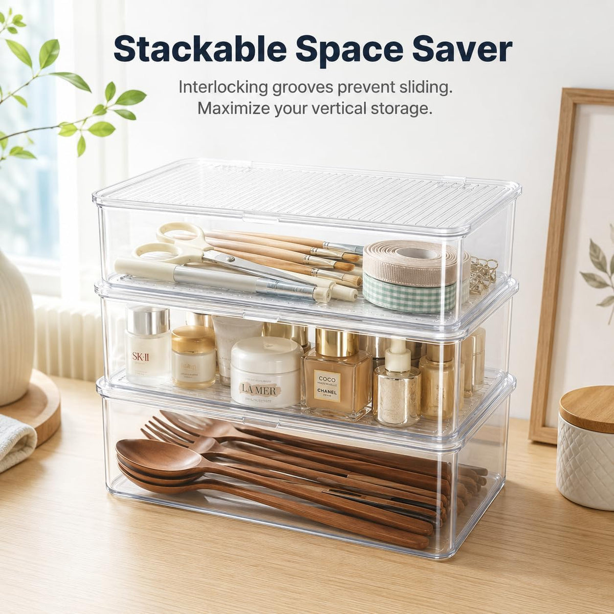 Clear Plastic Storage Bin with Lid, Small Silverware Organizer with Cover, Transparent Kitchen Utensil Drawer Tray for RV Countertop Flatware