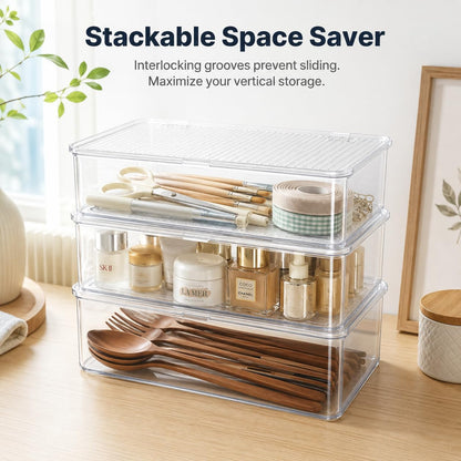 Clear Plastic Storage Bin with Lid, Small Silverware Organizer with Cover, Transparent Kitchen Utensil Drawer Tray for RV Countertop Flatware