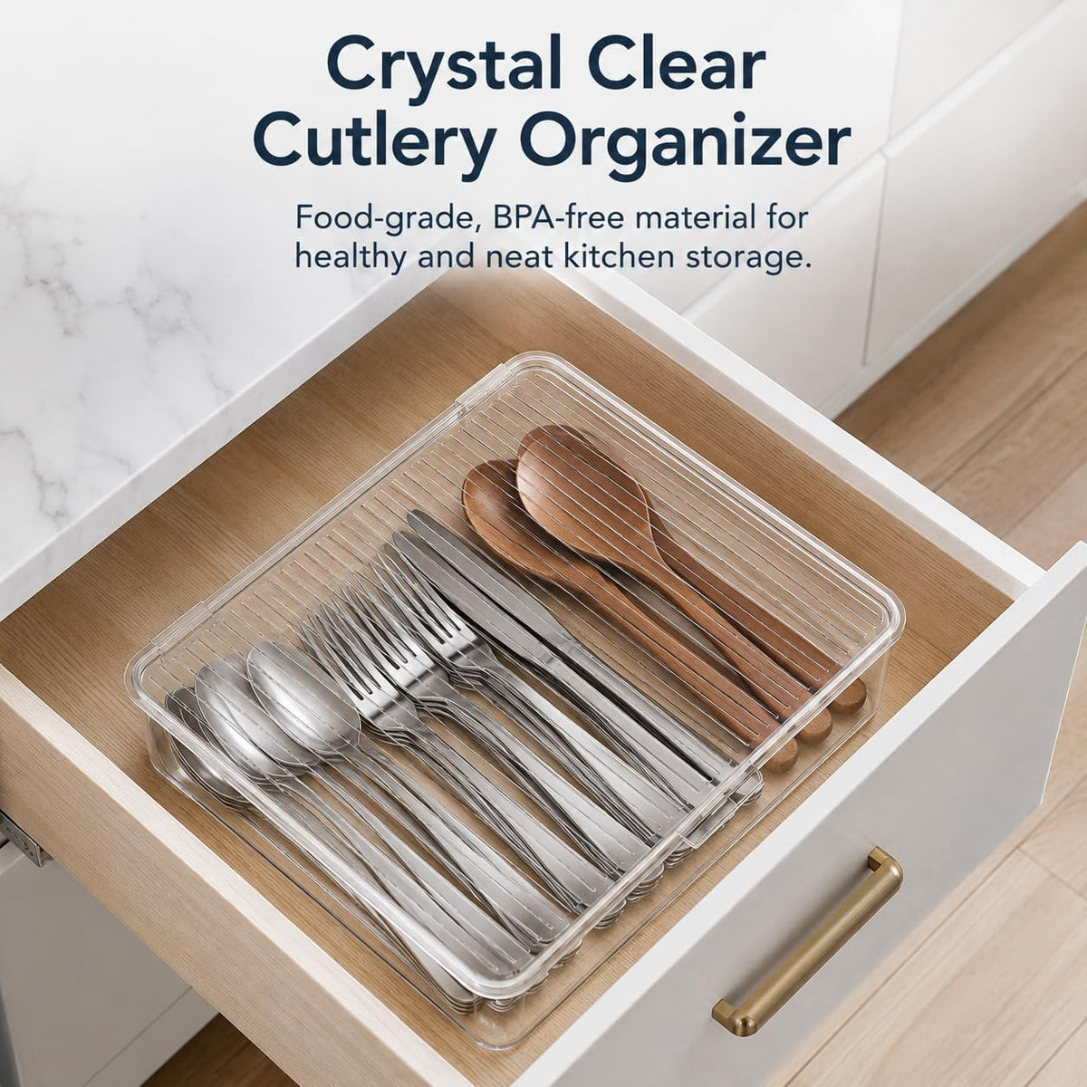Clear Plastic Storage Bin with Lid, Small Silverware Organizer with Cover, Transparent Kitchen Utensil Drawer Tray for RV Countertop Flatware