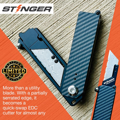 Special Edition Damascus Pattern Partially Serrated Utility Blades, SK5 Steel Box Cutter Blades, Standard Size Fits Most Utility Knives, 10-Pack with Plastic Case
