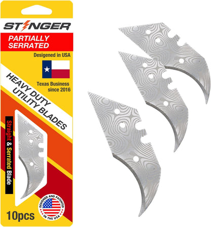Special Edition Damascus Pattern Partially Serrated Utility Blades, SK5 Steel Box Cutter Blades, Standard Size Fits Most Utility Knives, 10-Pack with Plastic Case