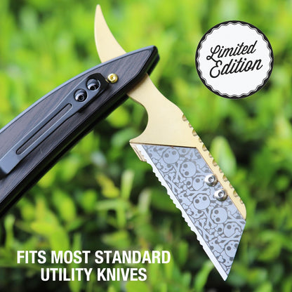 Special Edition Damascus Pattern Partially Serrated Utility Blades, SK5 Steel Box Cutter Blades, Standard Size Fits Most Utility Knives, 10-Pack with Plastic Case