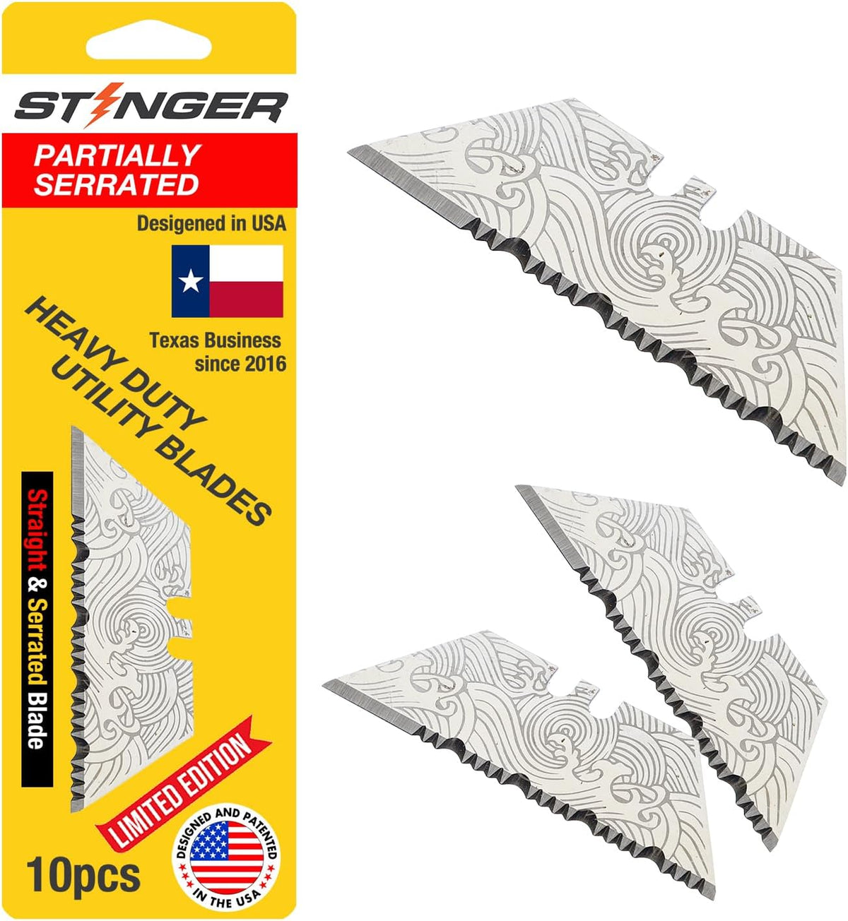 Special Edition Damascus Pattern Partially Serrated Utility Blades, SK5 Steel Box Cutter Blades, Standard Size Fits Most Utility Knives, 10-Pack with Plastic Case