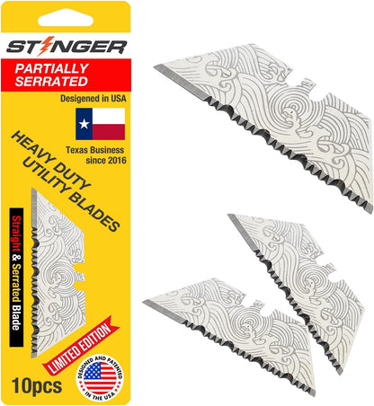 Special Edition Damascus Pattern Partially Serrated Utility Blades, SK5 Steel Box Cutter Blades, Standard Size Fits Most Utility Knives, 10-Pack with Plastic Case