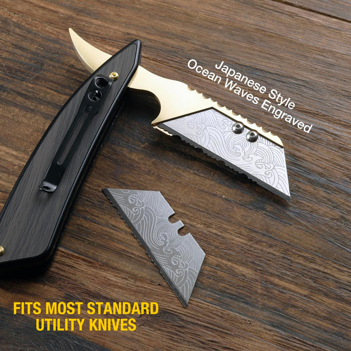 Special Edition Damascus Pattern Partially Serrated Utility Blades, SK5 Steel Box Cutter Blades, Standard Size Fits Most Utility Knives, 10-Pack with Plastic Case