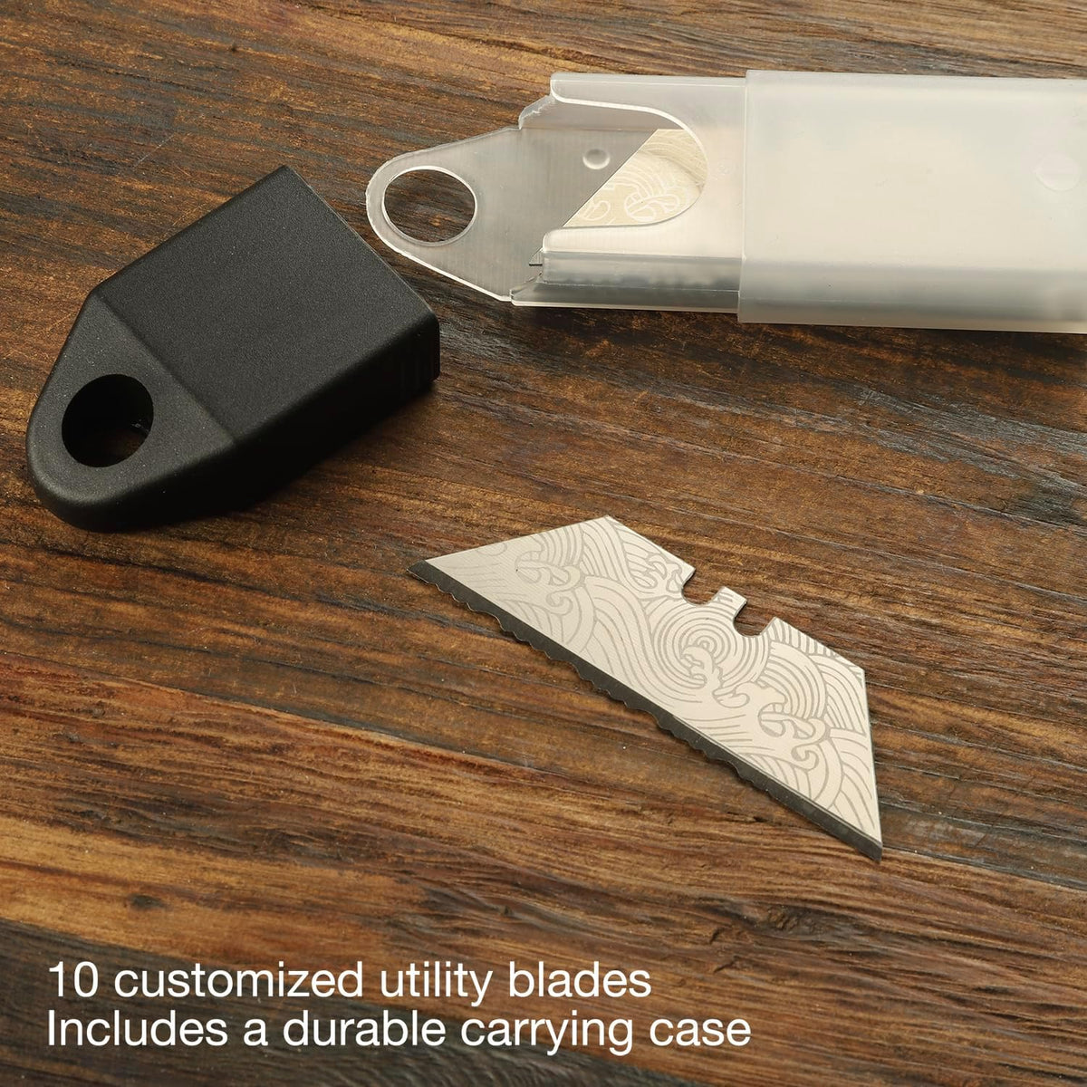 Special Edition Damascus Pattern Partially Serrated Utility Blades, SK5 Steel Box Cutter Blades, Standard Size Fits Most Utility Knives, 10-Pack with Plastic Case