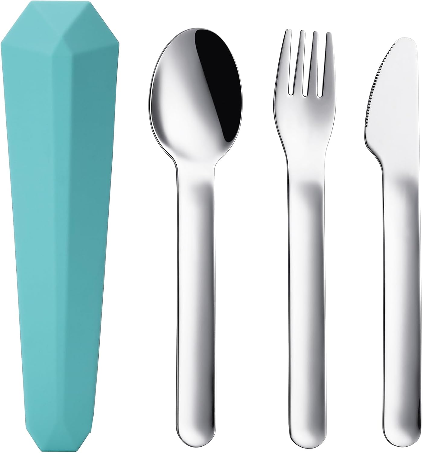 Utensils for Lunch Box, 4Pcs Travel Silverware Set with Case, Teal | Portable Silicone Case, 18/8 Stainless Steel Fork Spoon Knife Set for Work School Picnic, Reusable Camping Cutlery for Kids