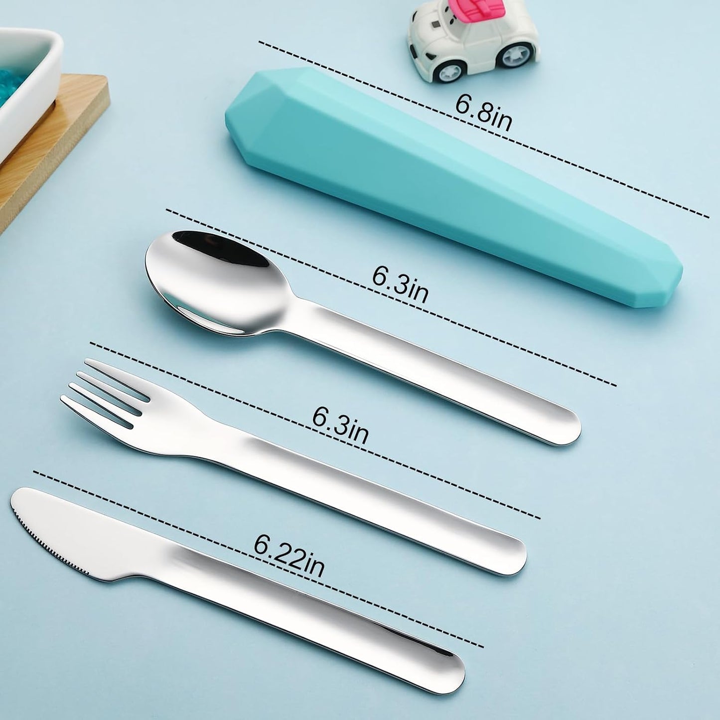 Utensils for Lunch Box, 4Pcs Travel Silverware Set with Case, Teal | Portable Silicone Case, 18/8 Stainless Steel Fork Spoon Knife Set for Work School Picnic, Reusable Camping Cutlery for Kids