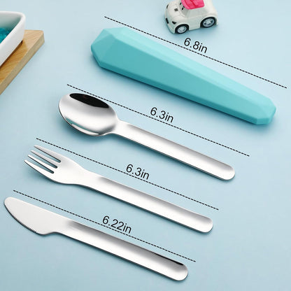 Utensils for Lunch Box, 4Pcs Travel Silverware Set with Case, Teal | Portable Silicone Case, 18/8 Stainless Steel Fork Spoon Knife Set for Work School Picnic, Reusable Camping Cutlery for Kids