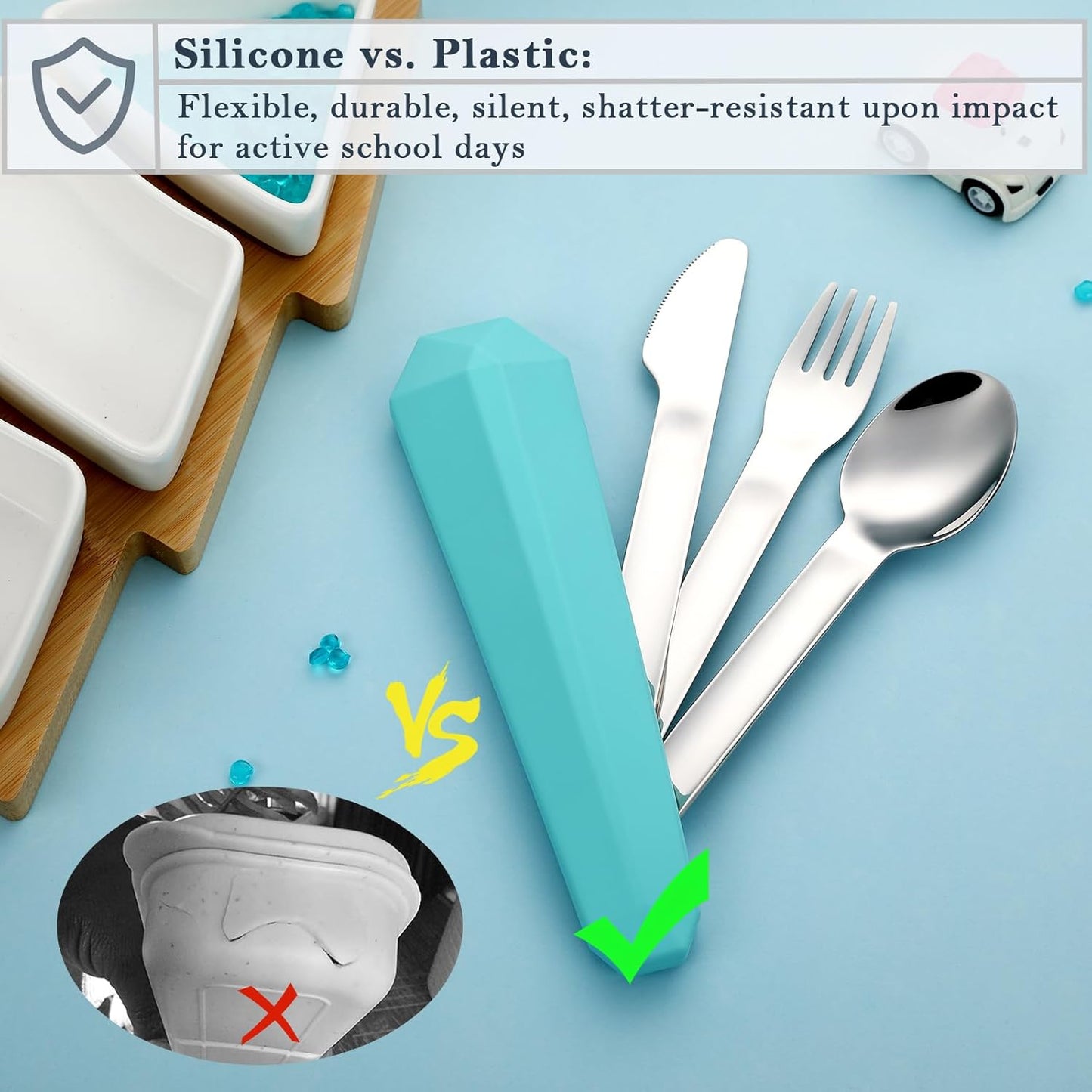 Utensils for Lunch Box, 4Pcs Travel Silverware Set with Case, Teal | Portable Silicone Case, 18/8 Stainless Steel Fork Spoon Knife Set for Work School Picnic, Reusable Camping Cutlery for Kids