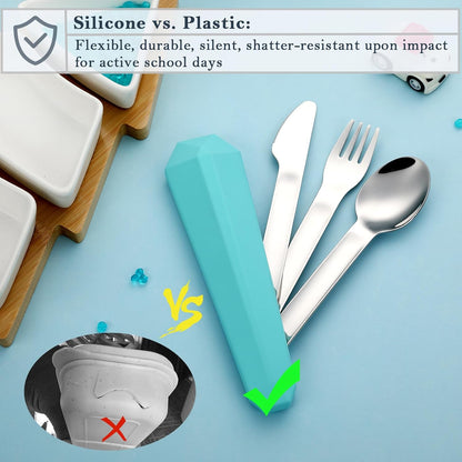 Utensils for Lunch Box, 4Pcs Travel Silverware Set with Case, Teal | Portable Silicone Case, 18/8 Stainless Steel Fork Spoon Knife Set for Work School Picnic, Reusable Camping Cutlery for Kids