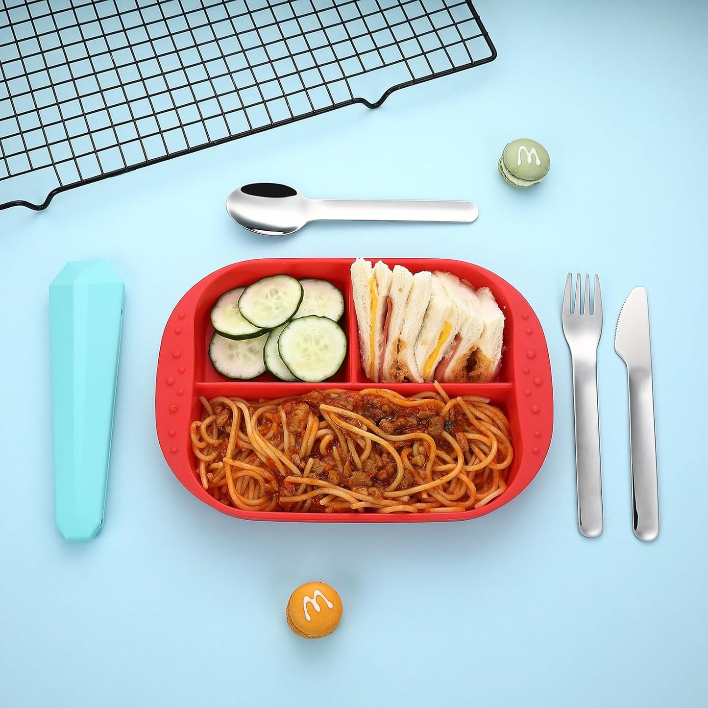 Utensils for Lunch Box, 4Pcs Travel Silverware Set with Case, Teal | Portable Silicone Case, 18/8 Stainless Steel Fork Spoon Knife Set for Work School Picnic, Reusable Camping Cutlery for Kids