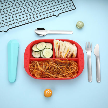 Utensils for Lunch Box, 4Pcs Travel Silverware Set with Case, Teal | Portable Silicone Case, 18/8 Stainless Steel Fork Spoon Knife Set for Work School Picnic, Reusable Camping Cutlery for Kids