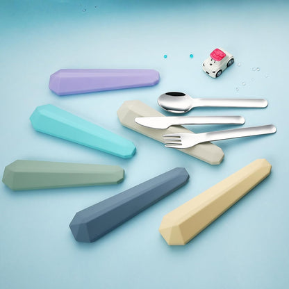 Utensils for Lunch Box, 4Pcs Travel Silverware Set with Case, Teal | Portable Silicone Case, 18/8 Stainless Steel Fork Spoon Knife Set for Work School Picnic, Reusable Camping Cutlery for Kids
