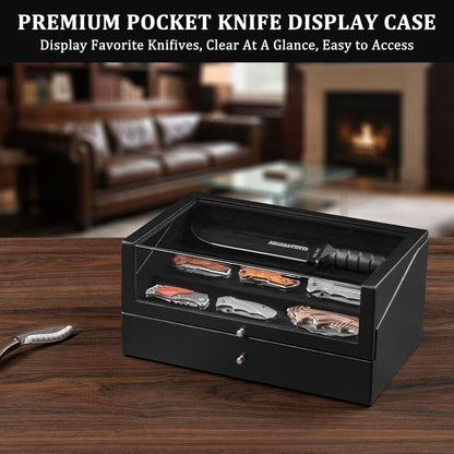 Pocket Knife Display Case, Large Knife Collection Box for Folding Knives & EDC Gear, Solid Wood Knife Organizer with Transparent Lid & Drawer, Collector-Grade Gift for Men (Black)